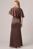 Mermaid Beaded Cape Sleeve Brown Satin Long Mother Of The Bride Dress
