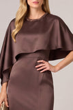 Mermaid Beaded Cape Sleeve Brown Satin Long Mother Of The Bride Dress
