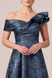 Navy Asymmetrical Neck Floral A-Line Ruffled Long Mother Of The Bride Dress
