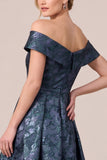 Navy Asymmetrical Neck Floral A-Line Ruffled Long Mother Of The Bride Dress