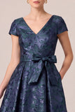 A-Line V-Neck Navy Floral Long Mother Of The Bride Dress with Sash
