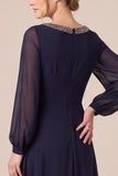 Beaded Long Sleeve Navy A-Line Chiffon Maxi Mother Of The Bride Dress