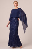 Sequins Mermaid Navy Cape Sleeve Long Mother Of The Bride Dress