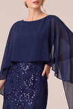 Sequins Mermaid Navy Cape Sleeve Long Mother Of The Bride Dress