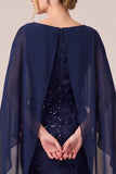 Sequins Mermaid Navy Cape Sleeve Long Mother Of The Bride Dress