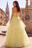 A Line Corset Strapless Tiered Yellow Maxi Prom Dress With Pearls