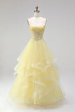 A Line Corset Strapless Tiered Yellow Maxi Prom Dress With Pearls