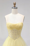 A Line Corset Strapless Tiered Yellow Maxi Prom Dress With Pearls