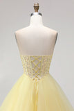 A Line Corset Strapless Tiered Yellow Maxi Prom Dress With Pearls