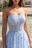 Strapless Corset Sky Blue A-Line Beaded Floral Long Prom Dress