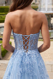 Strapless Corset Sky Blue A-Line Beaded Floral Long Prom Dress