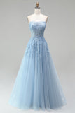Strapless Corset Sky Blue A-Line Beaded Floral Long Prom Dress