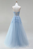 Strapless Corset Sky Blue A-Line Beaded Floral Long Prom Dress
