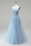 Strapless Corset Sky Blue A-Line Beaded Floral Long Prom Dress