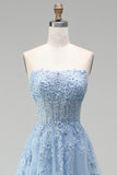 Strapless Corset Sky Blue A-Line Beaded Floral Long Prom Dress