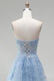 Strapless Corset Sky Blue A-Line Beaded Floral Long Prom Dress