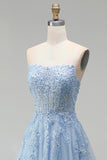Strapless Corset Sky Blue A-Line Beaded Floral Long Prom Dress
