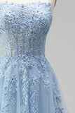 Strapless Corset Sky Blue A-Line Beaded Floral Long Prom Dress