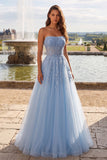 Strapless Corset Sky Blue A-Line Beaded Floral Long Prom Dress