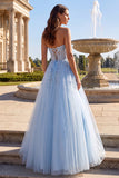 Strapless Corset Sky Blue A-Line Beaded Floral Long Prom Dress