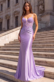 Corset Mermaid Purple Spaghetti Straps Satin Maxi Prom Dress