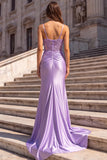 Corset Mermaid Purple Spaghetti Straps Satin Maxi Prom Dress