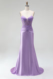 Corset Mermaid Purple Spaghetti Straps Satin Maxi Prom Dress