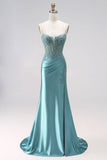 Mermaid Sheer Corset Appliqued Blue Spaghetti Straps Satin Maxi Prom Dress