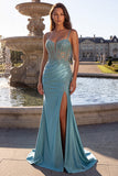 Mermaid Sheer Corset Appliqued Blue Spaghetti Straps Satin Maxi Prom Dress