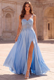 A Line Appliqued Light Blue Spaghetti Straps Maxi Prom Dress