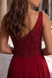 A Line Beaded Burgundy Boat Neck Maxi Prom Dress
