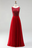 A Line Beaded Burgundy Boat Neck Maxi Prom Dress