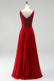 A Line Beaded Burgundy Boat Neck Maxi Prom Dress