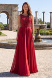 A Line Beaded Burgundy Boat Neck Maxi Prom Dress