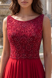 A Line Beaded Burgundy Boat Neck Maxi Prom Dress
