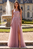 A Line Grey Pink Appliqued Sparkly Maxi Prom Dress With Slit