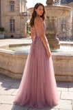 A Line Grey Pink Appliqued Sparkly Maxi Prom Dress With Slit