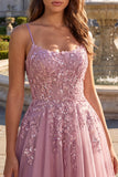 A Line Grey Pink Appliqued Sparkly Maxi Prom Dress With Slit