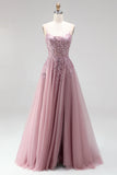 A Line Grey Pink Appliqued Sparkly Maxi Prom Dress With Slit