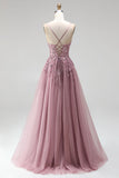 A Line Grey Pink Appliqued Sparkly Maxi Prom Dress With Slit