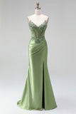 Strapless Corset Sparkly Appliqued Green Mermaid Satin Maxi Prom Dress