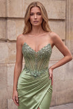 Strapless Corset Sparkly Appliqued Green Mermaid Satin Maxi Prom Dress