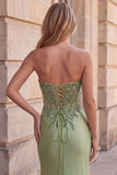 Strapless Corset Sparkly Appliqued Green Mermaid Satin Maxi Prom Dress