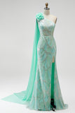 One Shoulder Mermaid Sparkly Green Maxi Prom Dress With Drape