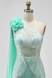 One Shoulder Mermaid Sparkly Green Maxi Prom Dress With Drape