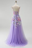 A Line Floral Purple Sequins Maxi Prom Dress With Pearls