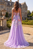 A Line Floral Purple Sequins Maxi Prom Dress With Pearls