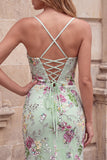 Mermaid Floral Sparkly Light Green Spaghetti Straps Maxi Prom Dress