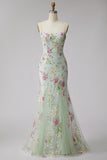 Mermaid Floral Sparkly Light Green Spaghetti Straps Maxi Prom Dress