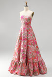 Strapless Red Flower Brocade A-Line Long Prom Dress